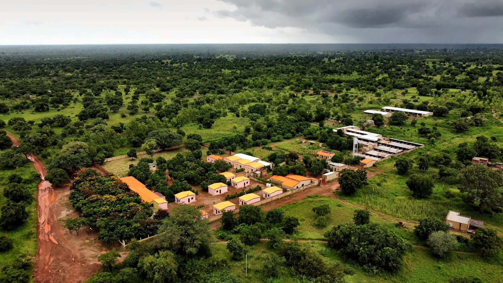 Vue aérienne d'ESPACE PAPYGRÉ : les chambres au milieu des vergers et de la savane verdoyante